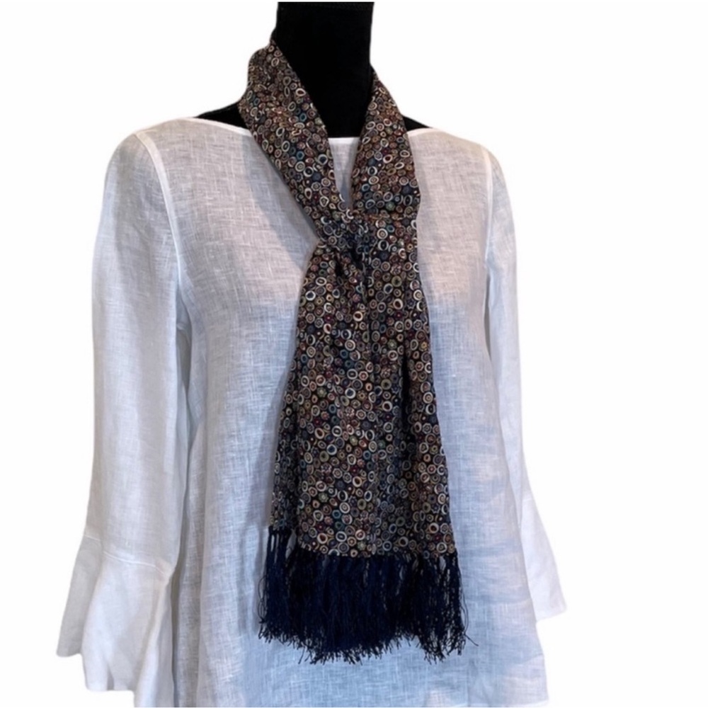 Smithsonian 100% silk fabric abstract print pattern unisex scarf fringe accent